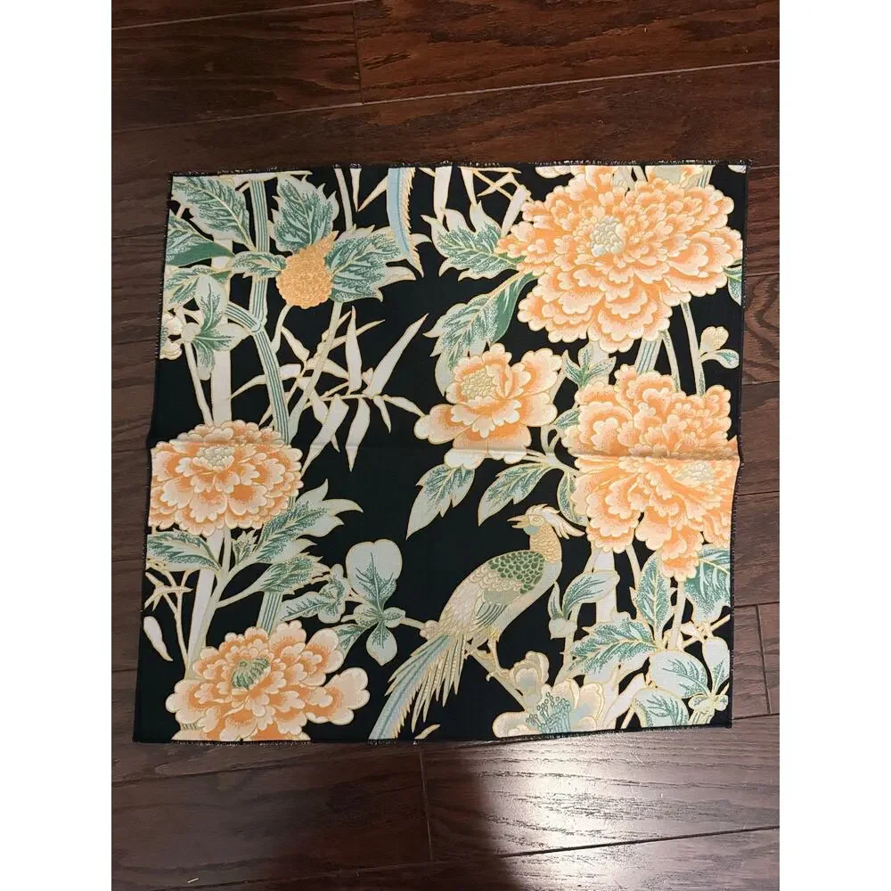 Set of 4 Chinoiserie Pheasant Floral Cloth Napkins Black Peach 17” Square